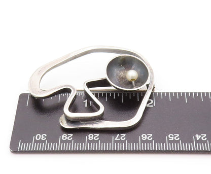 925 Sterling Silver Vintage Brooch Pearl Dark Tone Brutalist Design Cut  BP11512