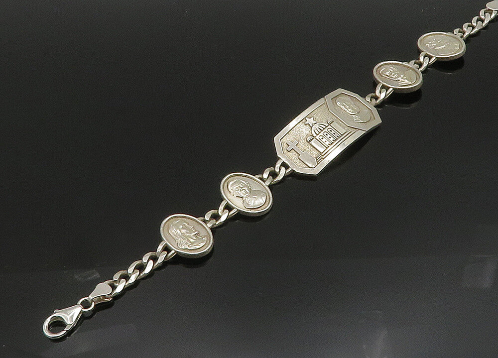 925 Sterling Silver  Shiny Religious Figures Curb Chain Bracelet  BT8018