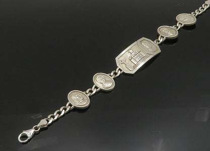 925 Sterling Silver  Shiny Religious Figures Curb Chain Bracelet  BT8018