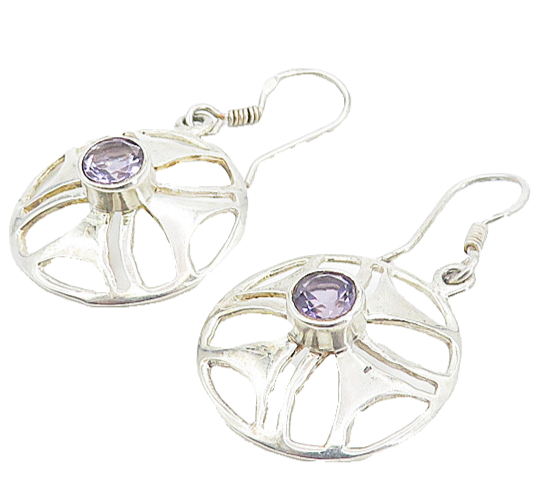 925 Sterling Silver  Amethyst Open Design Round Shiny Dangle Earrings  EG3585