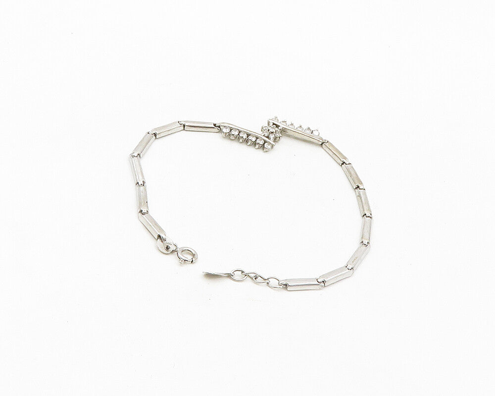 925 Sterling Silver  Vintage Shiny Topaz Floral Bar Chain Bracelet  BT7776