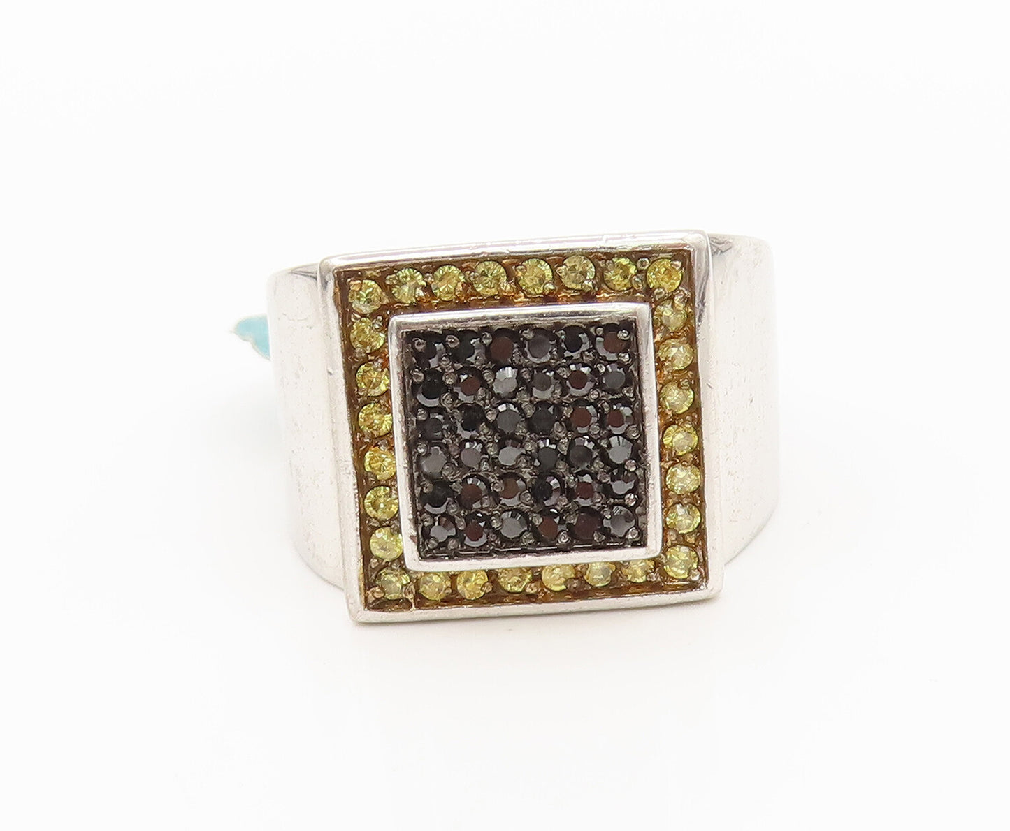 925 Sterling Silver Vintage Black & Yellow Sapphire Square Ring Sz 11.5 RG27157