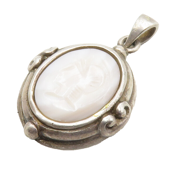 925 Sterling Silver  Vintage Agate Carved Gladiator Profile Pendant  PT11047