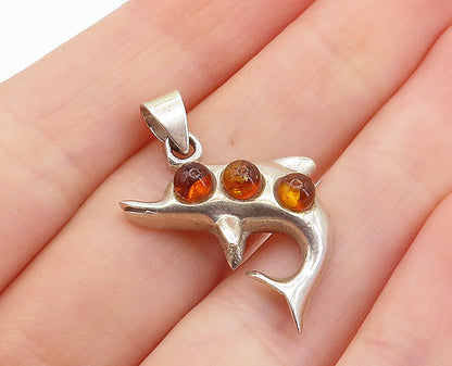 925 Sterling Silver Vintage Petite Amber Dolphin 3 Stone Drop Pendant PT5513