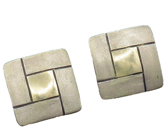 ISRAEL 925 Silver & 14K GOLD  Vintage Two Tone Square Drop Earrings  EG10177
