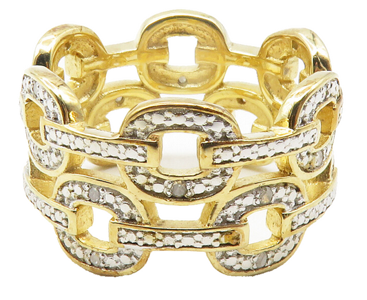 925 Sterling Silver  Genuine Diamonds Gold Plated Band Ring Sz 8  RG11879