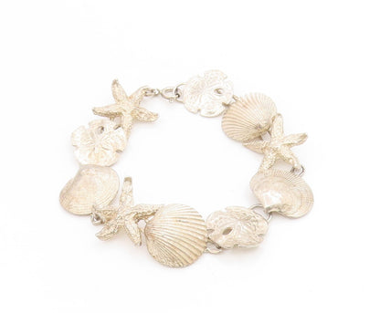 925 Sterling Silver Vintage Bracelet Nautical Seashell & Starfish Link  BT11714