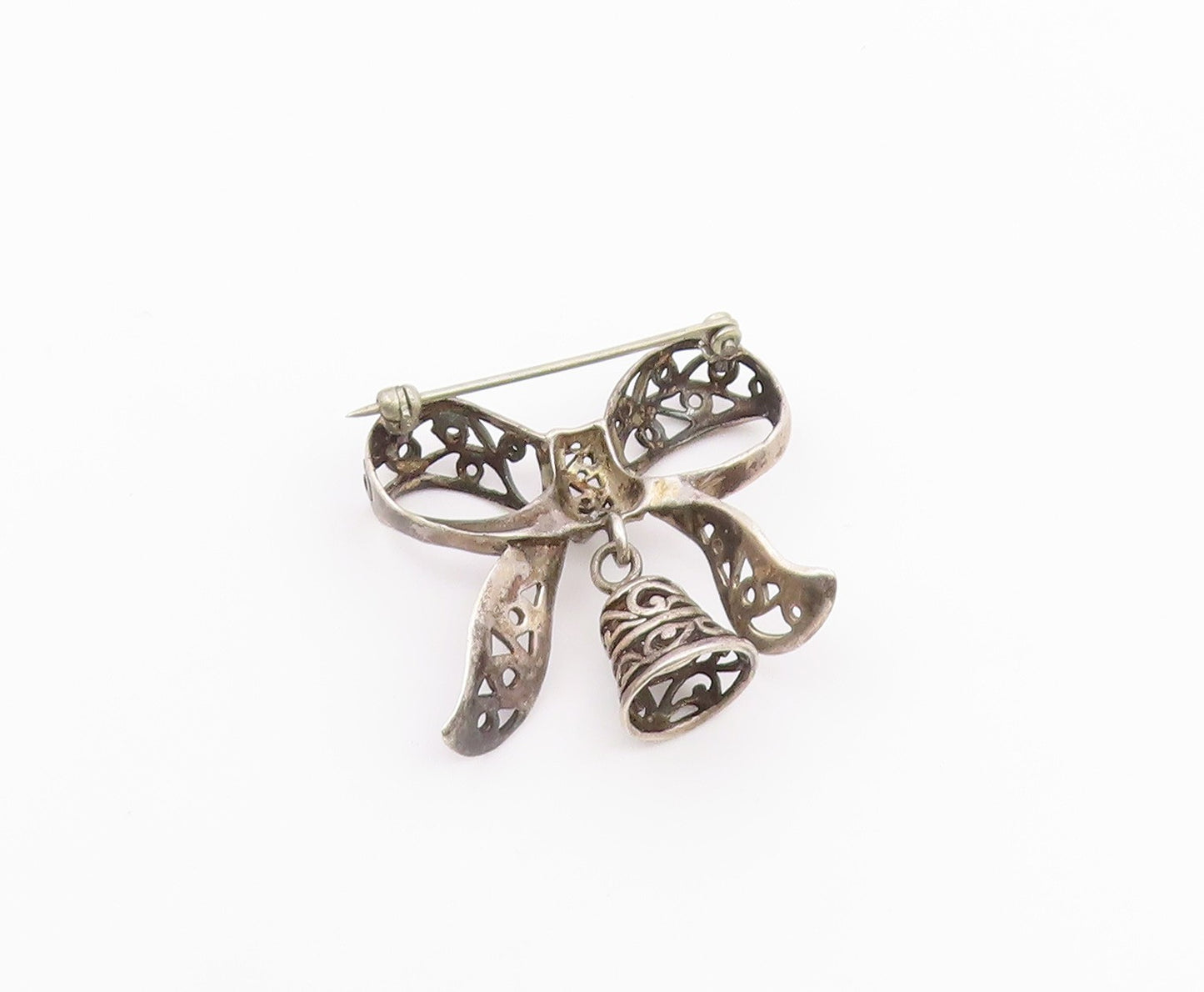 925 Sterling Silver  Vintage Bow Tied Swirl Ribbon & Bell Brooch Pin  BP7477