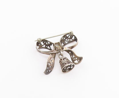 925 Sterling Silver  Vintage Bow Tied Swirl Ribbon & Bell Brooch Pin  BP7477