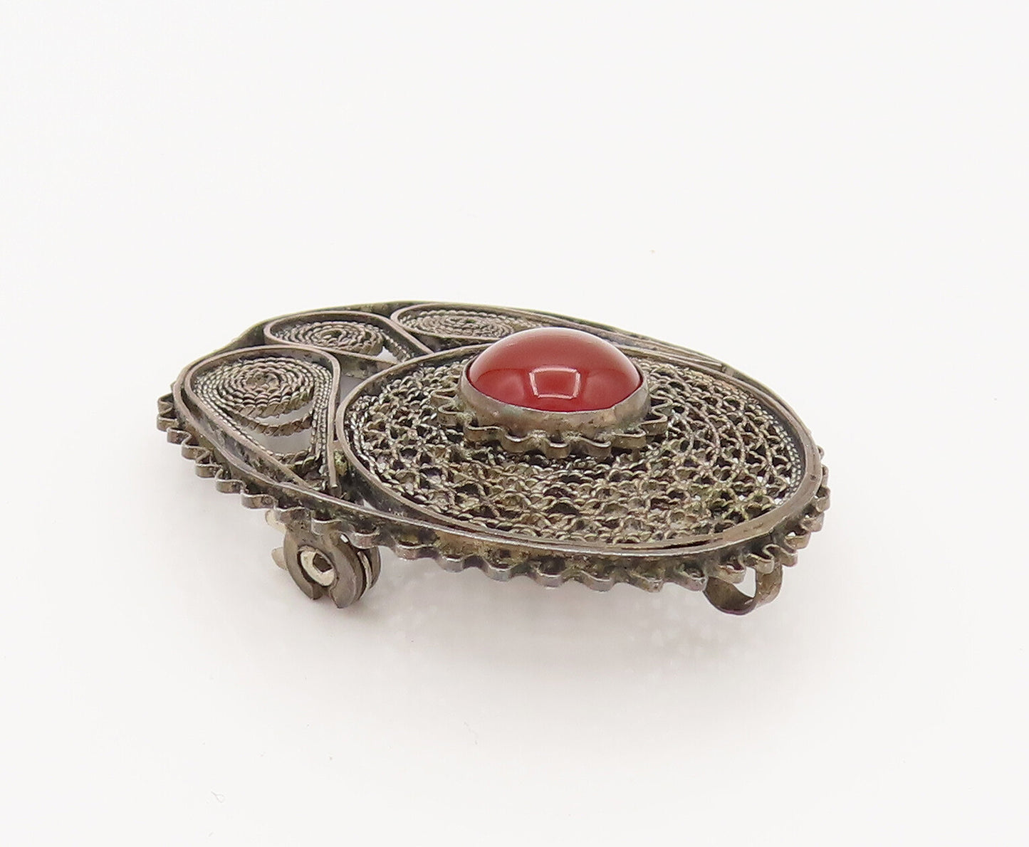 ISRAEL 925 Silver  Vintage Star Web & Rope Spiral Carnelian Brooch Pin BP10188