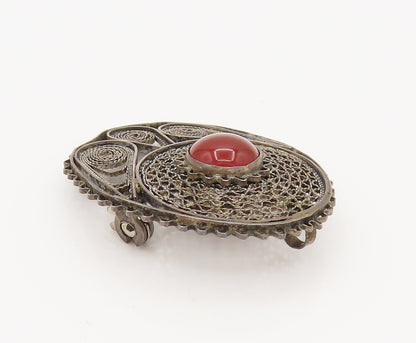 ISRAEL 925 Silver  Vintage Star Web & Rope Spiral Carnelian Brooch Pin BP10188