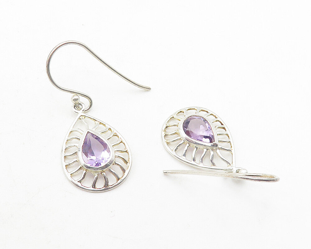 925 Sterling Silver  Shiny Pear Shape Amethyst Cutout Dangle Earrings  EG6010