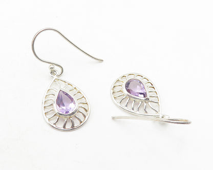 925 Sterling Silver  Shiny Pear Shape Amethyst Cutout Dangle Earrings  EG6010