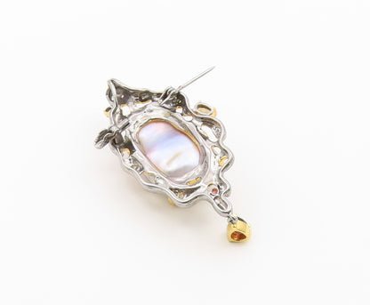 925 Sterling Silver Vintage Brooch Pin Two Tone Pearl & Gemstone Design  BP12642