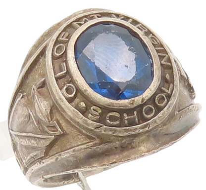 925 Sterling Silver Vintage Ring School 1967 Solid Carved Sapphire Sz 7  RG27909