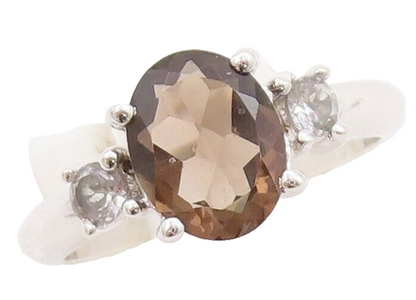 925 Sterling Silver Vintage Ring CZ & Oval Cut Smoky Quartz  Sz 7.5  RG29866