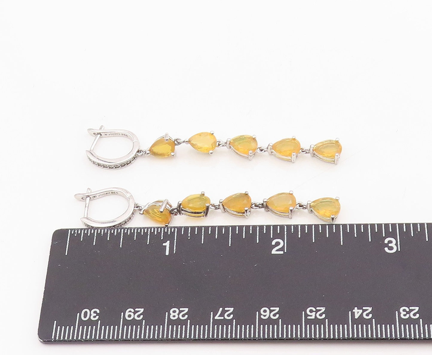 925 Sterling Silver Vintage Earrings Faceted Pear Cut Opal & CZ Dangles  EG13851