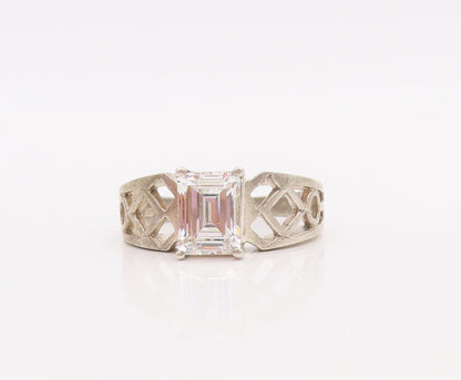 925 Sterling Silver Vintage Ring Net Cutout Neck Square CZ  Sz 9 RG28887