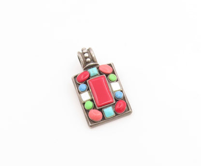 925 Sterling Silver Vintage Pendant Cabochon Multi Gemstone Charm  PT26234