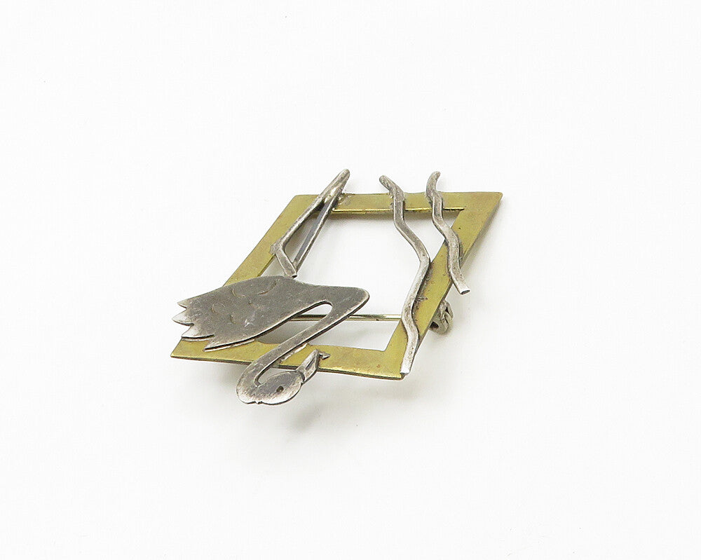 925 Sterling Silver  Vintage Two Tone Flamingo Open Square Brooch Pin  BP7423