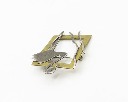 925 Sterling Silver  Vintage Two Tone Flamingo Open Square Brooch Pin  BP7423