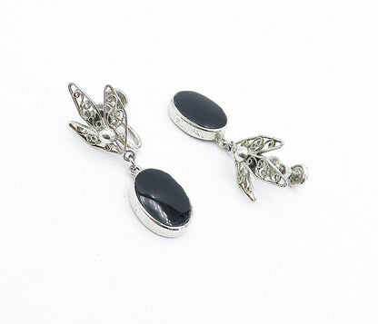 CARL ART 925 Silver  Vintage Black Onyx Floral Non Pierce Earrings  EG2589