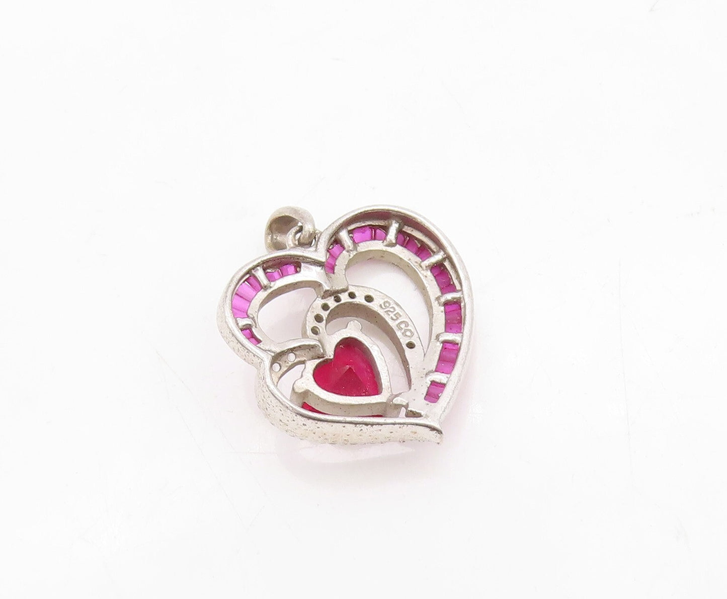 925 Sterling Silver Vintage Pendant Designer Cut Pink & White CZ Hearts  PT23699