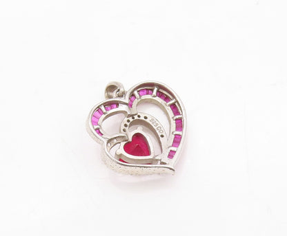 925 Sterling Silver Vintage Pendant Designer Cut Pink & White CZ Hearts  PT23699