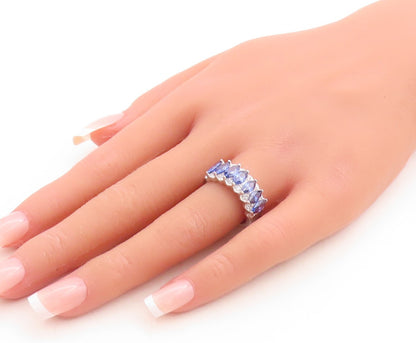 925 Sterling Silver Vintage Ring Marquise Cut Sapphire & CZ Inlay Sz 7.5 RG30089