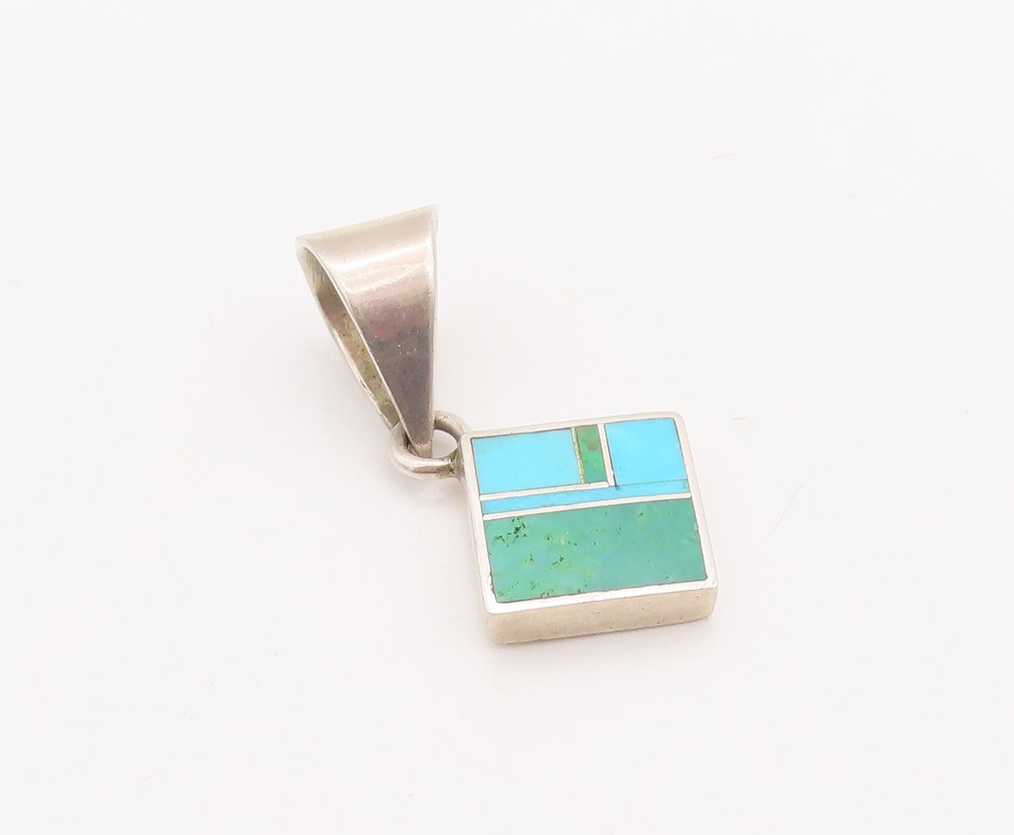 925 Sterling Silver Vintage Pendant NAVAJO Rectangular Inlay Turquoise  PT23494