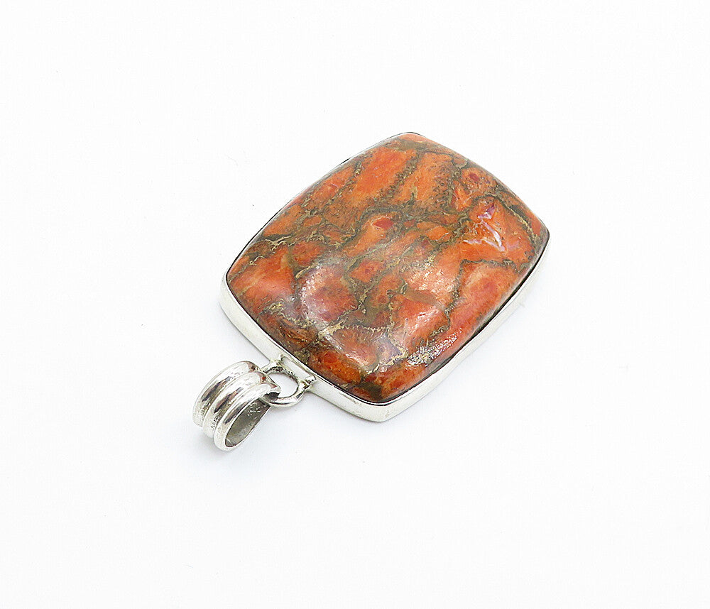 925 Sterling Silver  Vintage Red & Brown Jasper Square Drop Pendant  PT4131