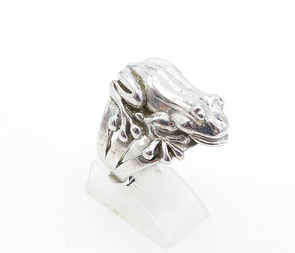 925 Sterling Silver  Vintage Shiny Sculpted Frog Cocktail Ring Sz 8  RG5563