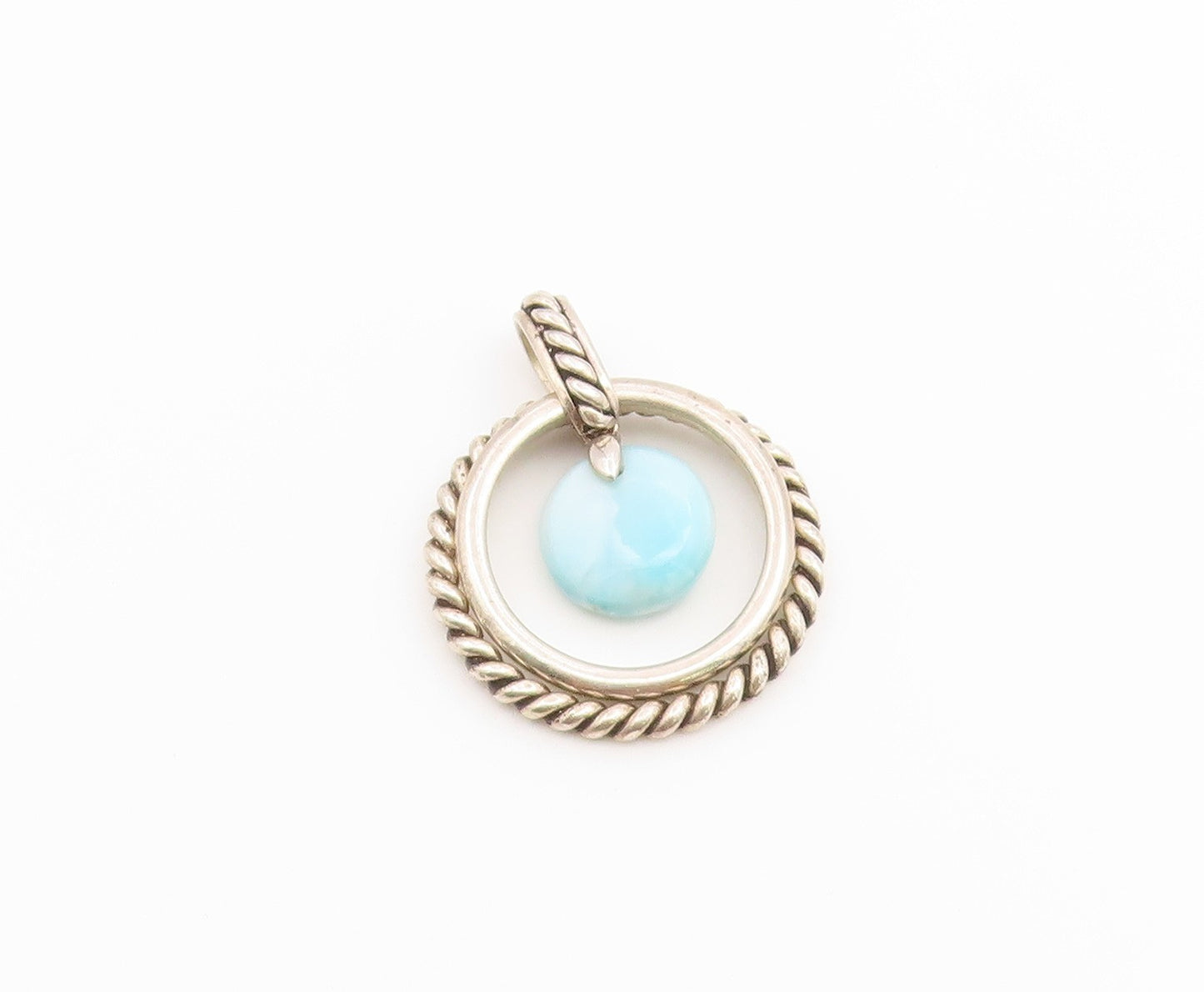 925 Sterling Silver Vintage Pendant Classic Larimar Twisted Rope Circle  PT26557