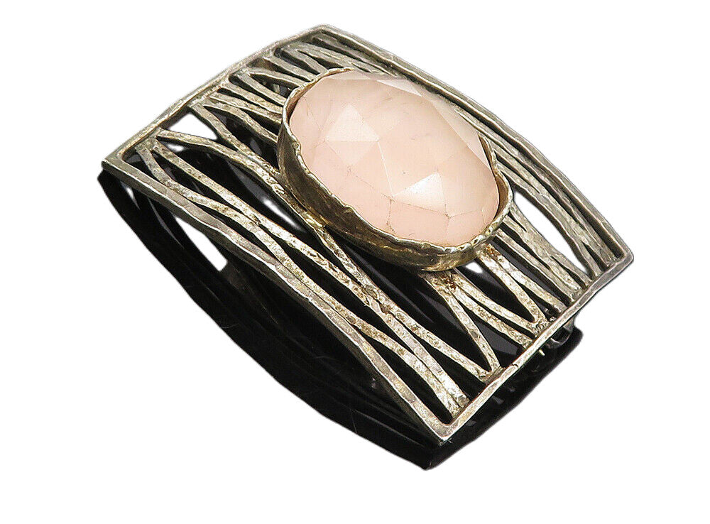 925 Sterling Silver  Vintage Faceted Rose Quartz Hammered Brooch Pin  BP3106