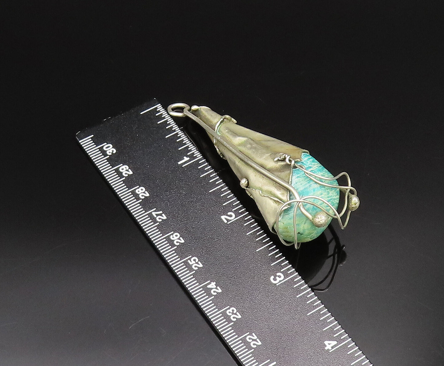 925 Silver  Vintage Modernist Wrapped Green Jasper Stone Cone Pendant  PT21613