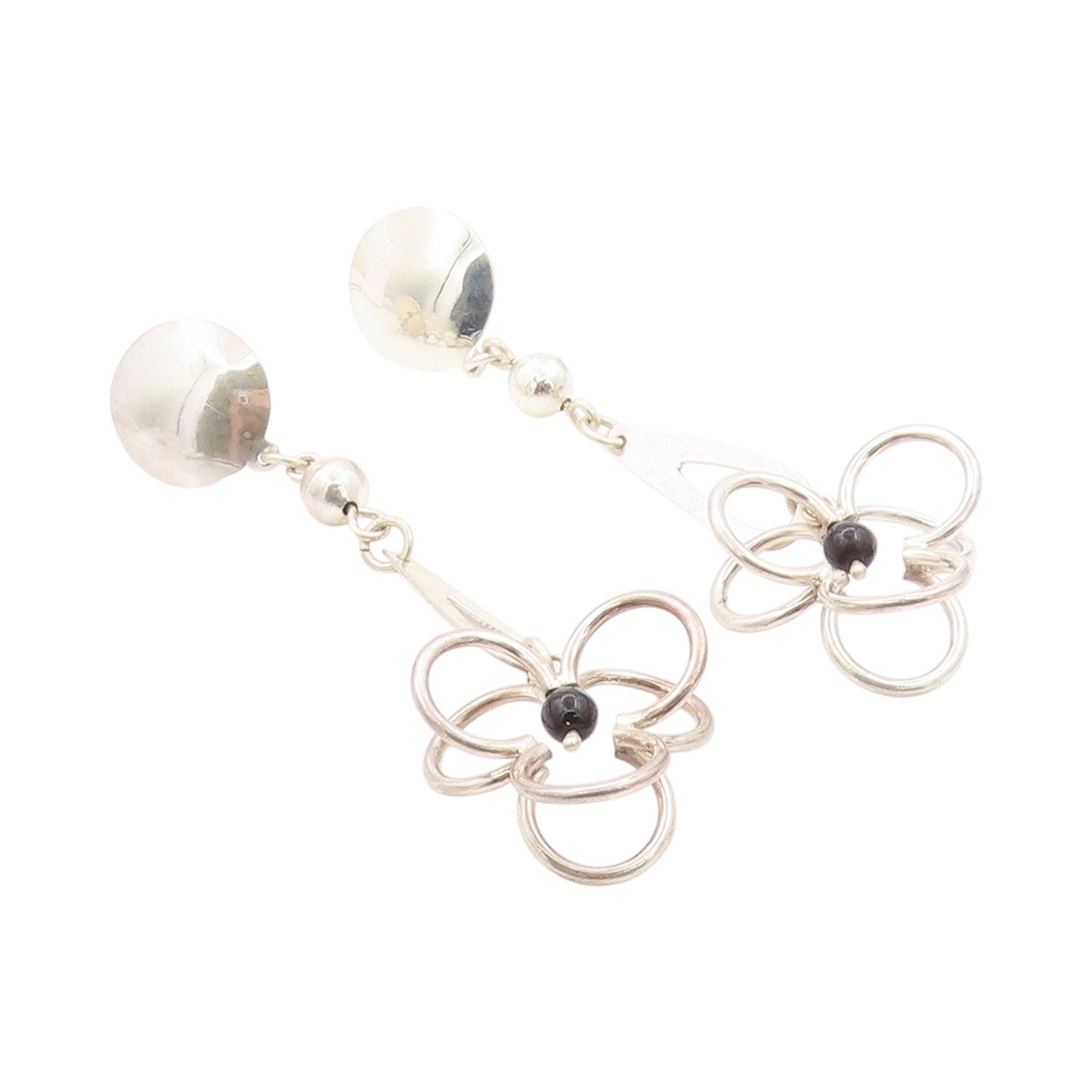 925 Sterling Silver Vintage Earrings MEXICO Modernist Drop Onyx Flower  EG13577