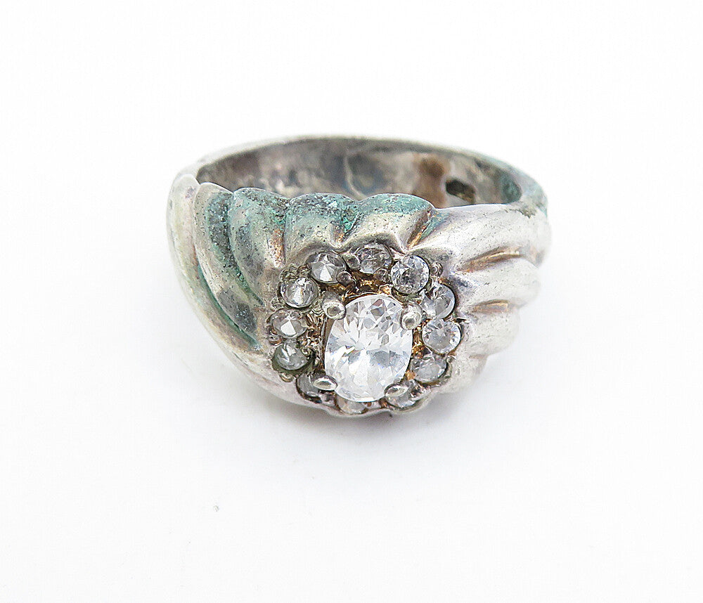 925 Sterling Silver  Vintage Topaz Floral Style Fluted Band Ring Sz 10  RG7202