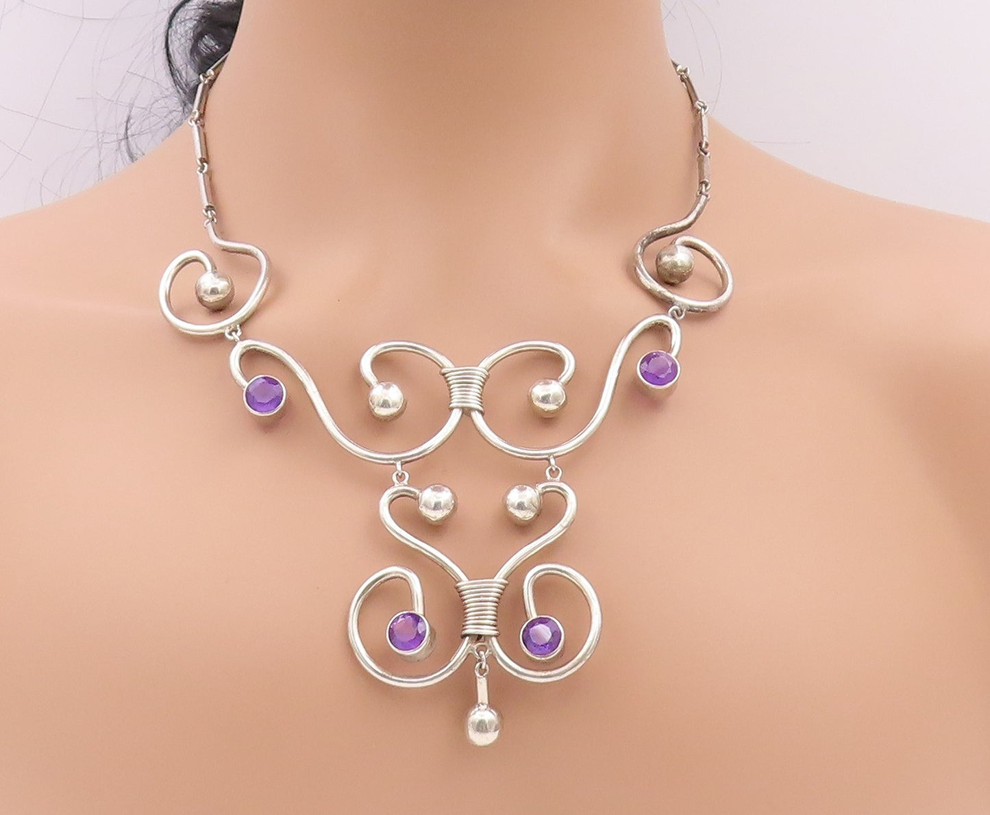925 Sterling Silver Vintage Necklace MEXICO Amethyst Swirls Cutout  NE4488