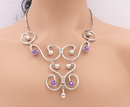 925 Sterling Silver Vintage Necklace MEXICO Amethyst Swirls Cutout  NE4488