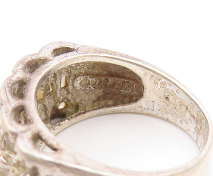 925 Sterling Silver  Vintage White Topaz Three Row Band Ring  Sz 6  RG20423