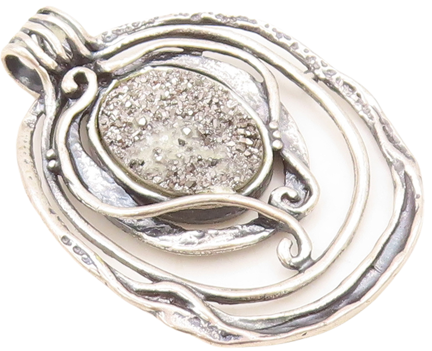 925 Sterling Silver Vintage Pendant SHABLOOL ISRAEL Cutout Drusy Quartz  PT23792