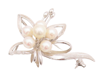 925 Sterling Silver Vintage Brooch Pin Bunch Of Pearls Cutout Flower  BP10779