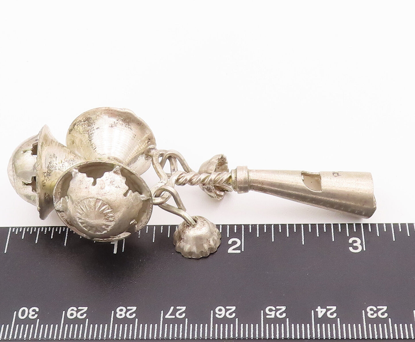 925 Sterling Silver Vintage Rattles Solid Carved 3 Rattle Head Jungles  TR3716