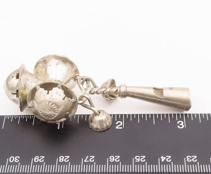 925 Sterling Silver Vintage Rattles Solid Carved 3 Rattle Head Jungles  TR3716
