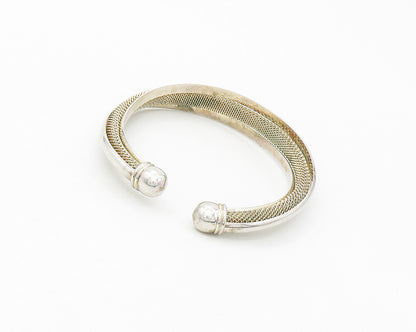 925 Sterling Silver  Vintage Shiny Mesh Detail Split Cuff Bracelet  BT6632