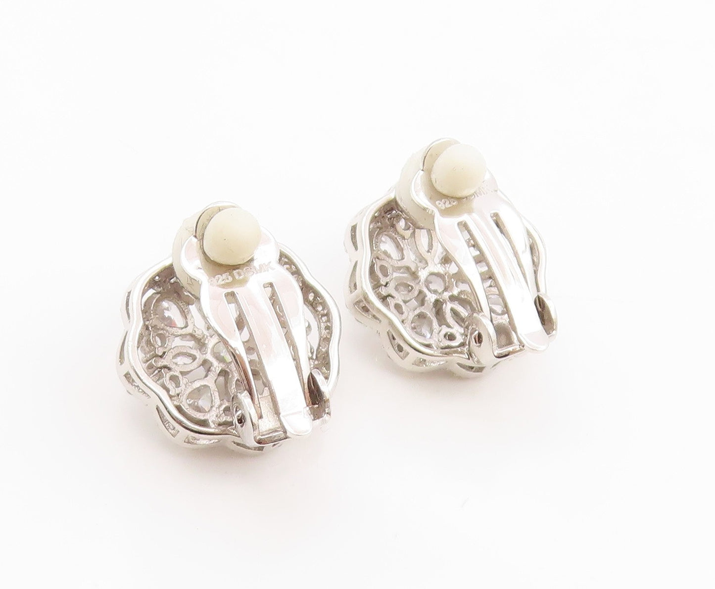 925 Sterling Silver Vintage Earrings Elegant CZ Floral Petal Clip On  EG14338