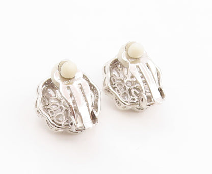925 Sterling Silver Vintage Earrings Elegant CZ Floral Petal Clip On  EG14338