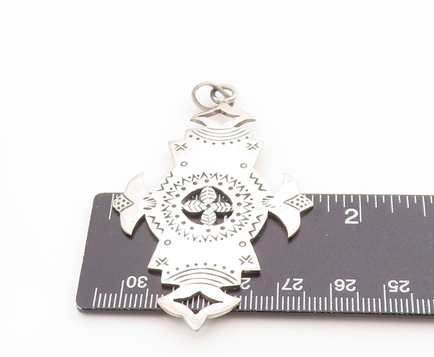925 Sterling Silver Vintage Pendant Etched Patterns Of Tribal Symbols  PT24828