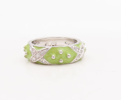 925 Sterling Silver Vintage Ring Designer Green Enameled CZ Inlay  Sz 6  RG29057