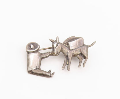 925 Sterling Silver Vintage Brooch Pin MEXICO Man Leading A Donkey  BP12349